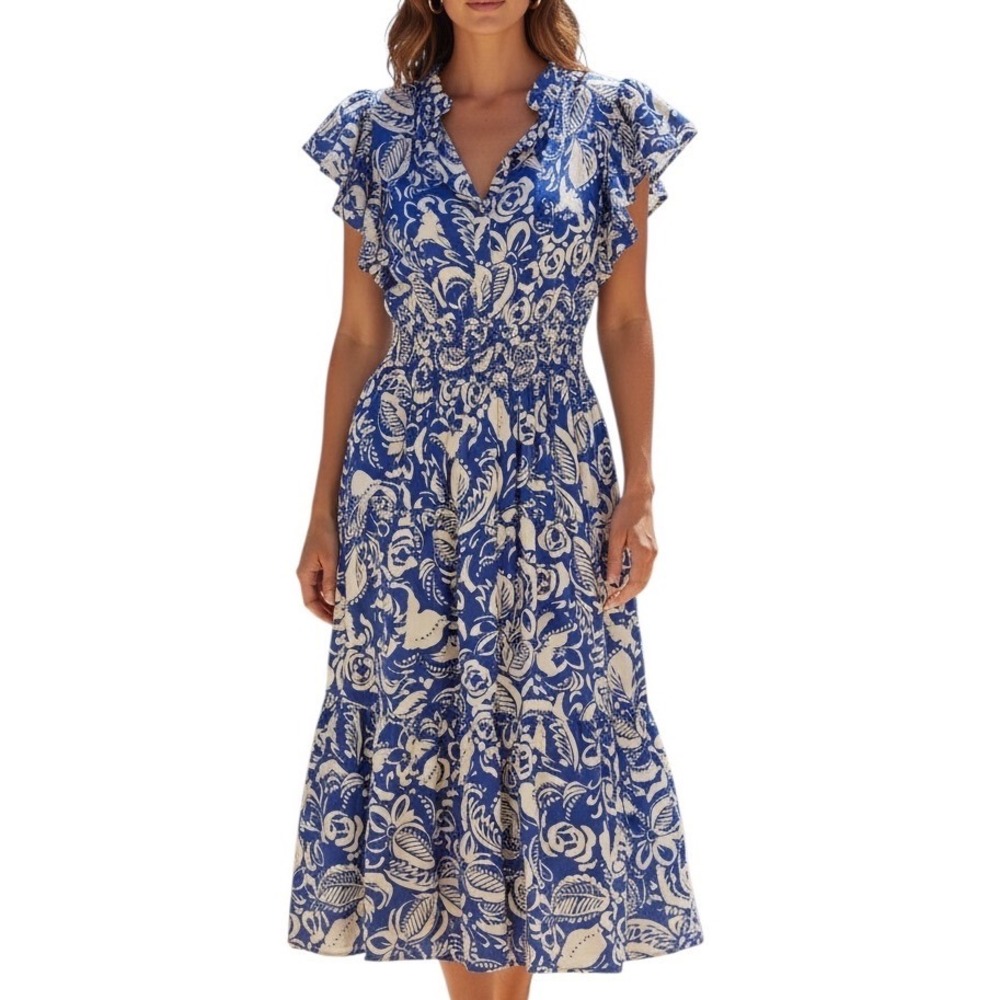 Umgee Floral Midi Dress Size S Boho Cottagecore Flutter Sleeve Smocked Waist